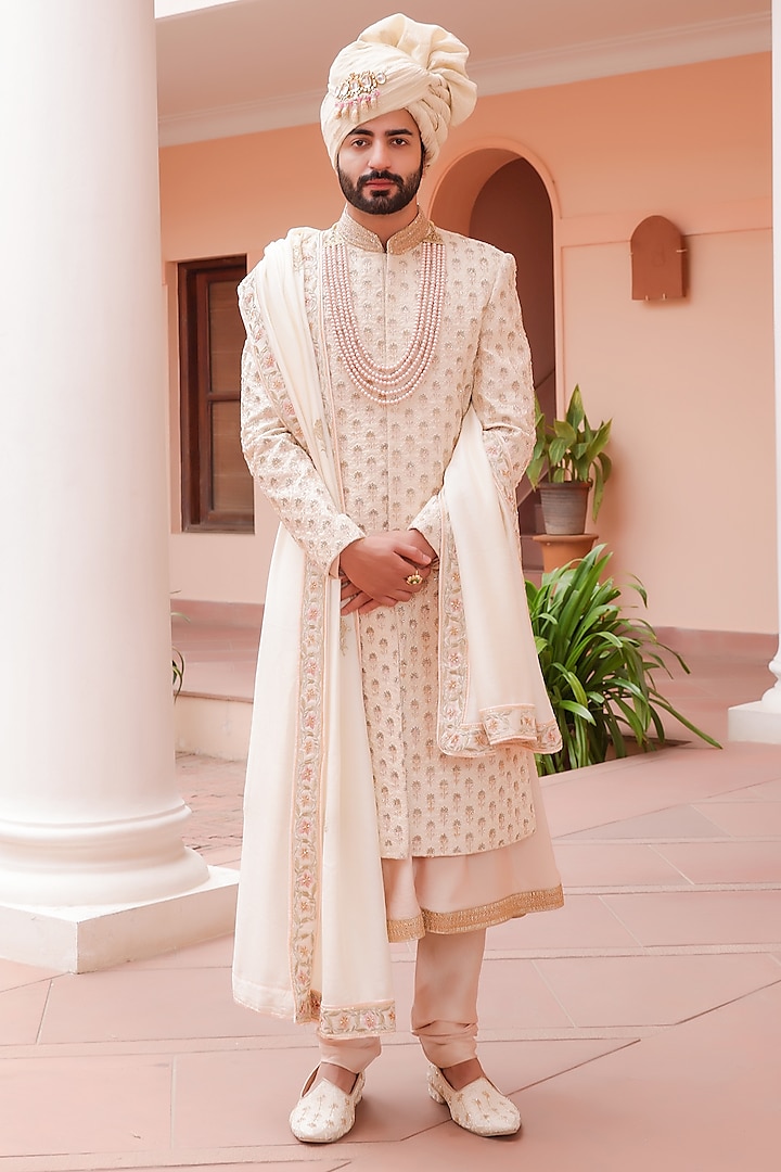 Ivory Silk Hand Embroidered Sherwani Set by ZENITH COUTURE