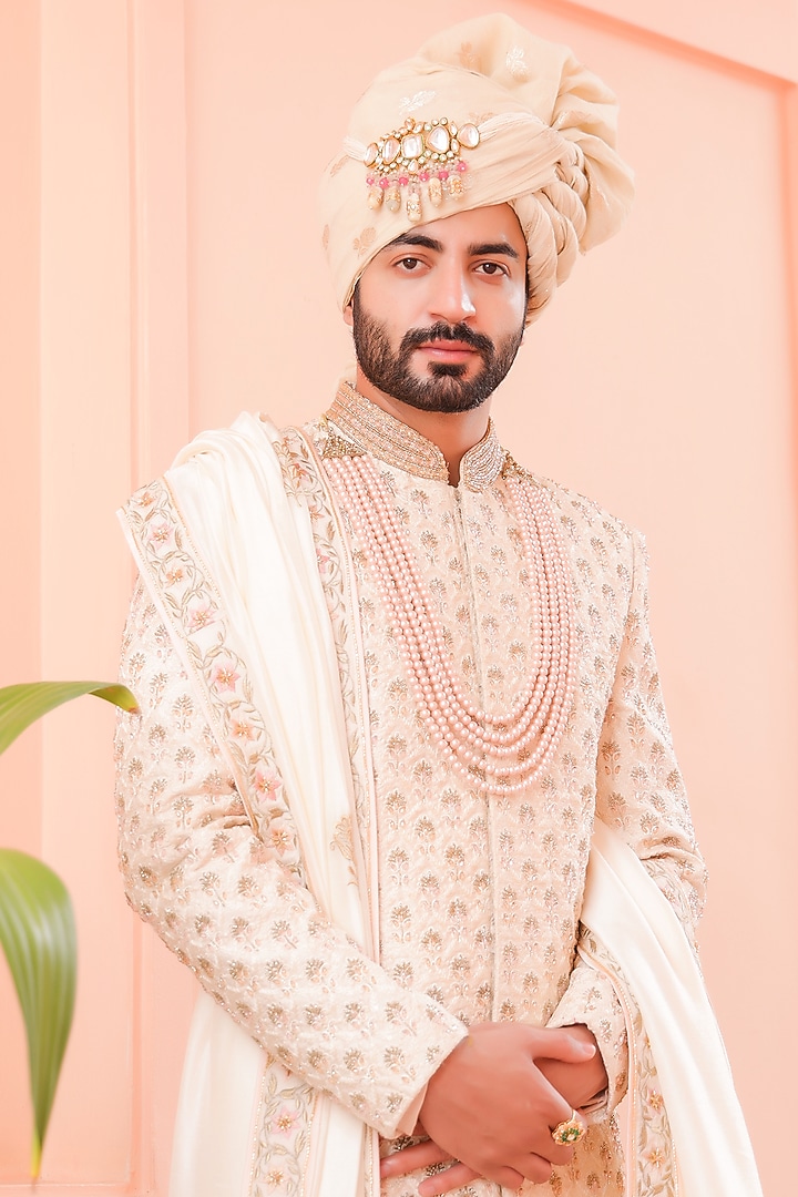 Ivory Silk Hand Embroidered Groom Sherwani Set by ZENITH COUTURE at Pernia's Pop Up Shop