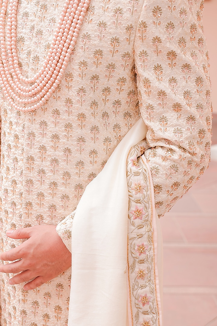 Ivory Silk Hand Embroidered Groom Sherwani Set by ZENITH COUTURE at Pernia's Pop Up Shop