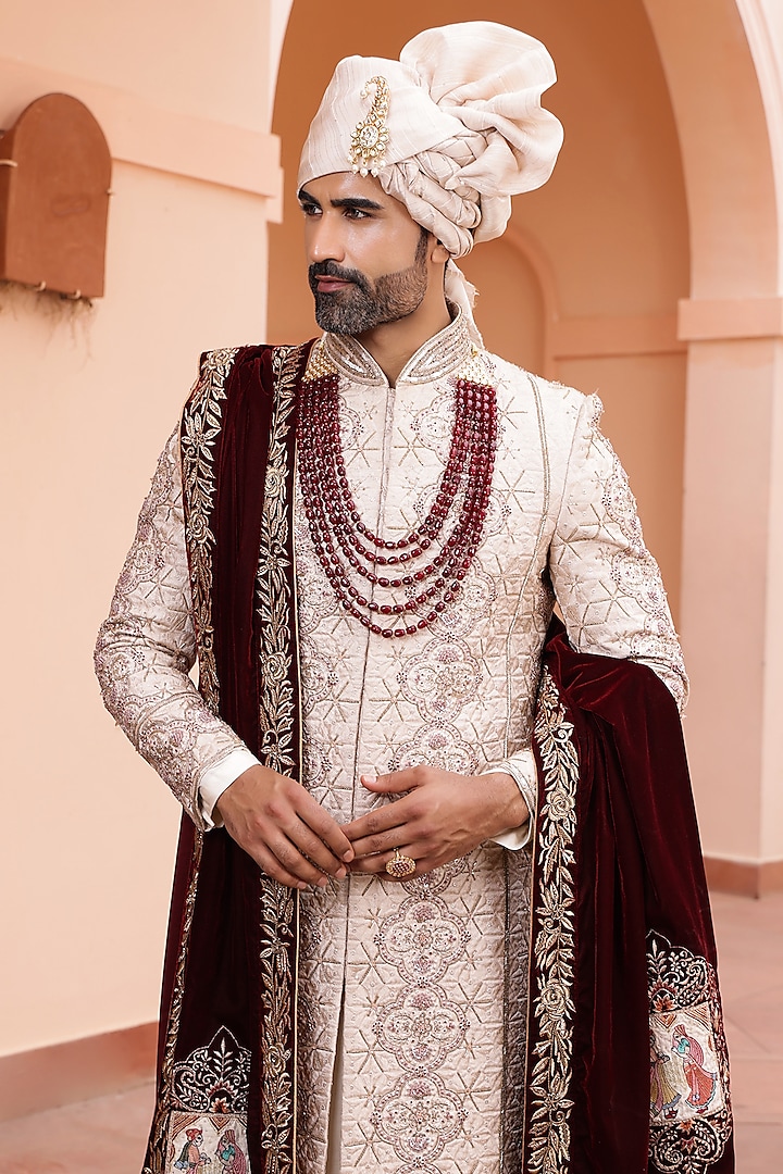 Rose Gold Silk Machine & Hand Embroidered Sherwani Set by ZENITH COUTURE at Pernia's Pop Up Shop