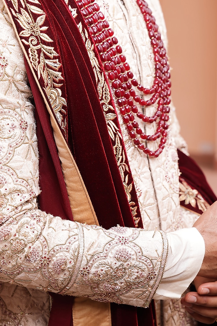 Rose Gold Silk Machine & Hand Embroidered Sherwani Set by ZENITH COUTURE at Pernia's Pop Up Shop
