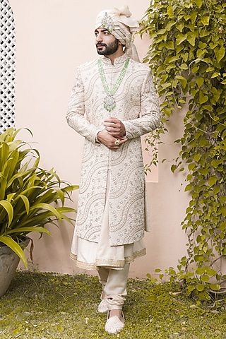 Rose Gold Silk Machine & Hand Embroidered Sherwani Set by ZENITH COUTURE