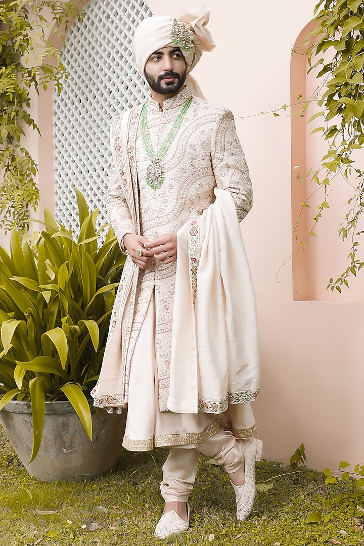 Rose Gold Silk Machine & Hand Embroidered Groom Sherwani Set by ZENITH COUTURE at Pernia's Pop Up Shop