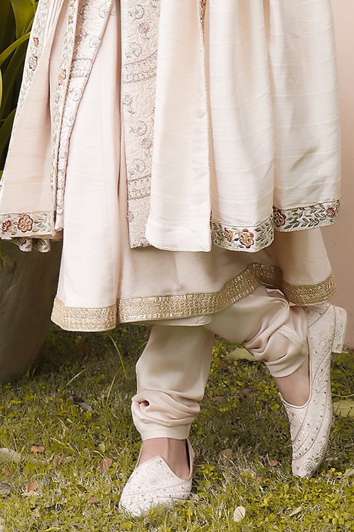Rose Gold Silk Machine & Hand Embroidered Groom Sherwani Set by ZENITH COUTURE at Pernia's Pop Up Shop
