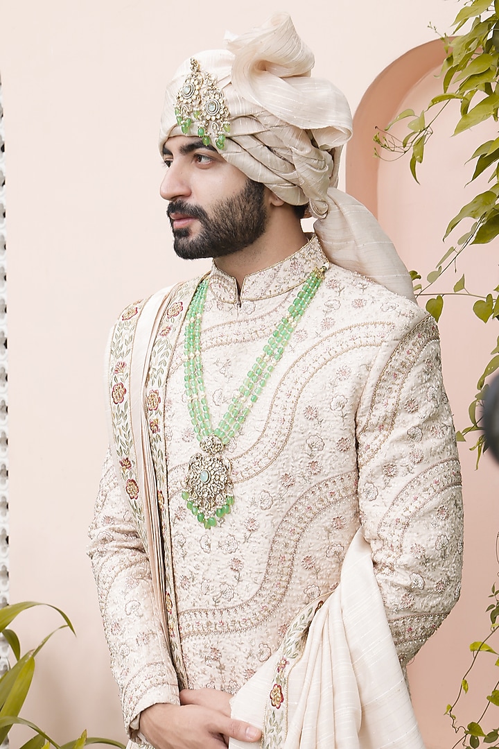 Rose Gold Silk Machine & Hand Embroidered Groom Sherwani Set by ZENITH COUTURE at Pernia's Pop Up Shop