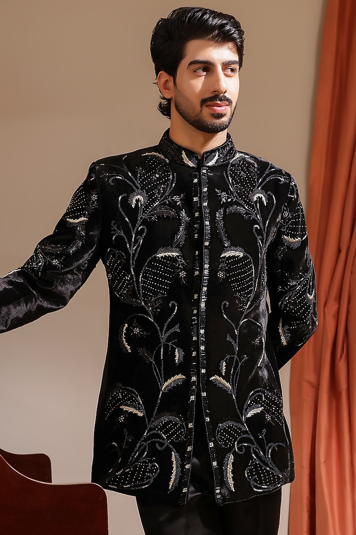Black Silk Velvet Hand Embroidered Bandhgala Set by ZENITH COUTURE at Pernia's Pop Up Shop