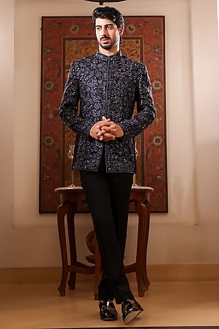 Black Japanese Lycra Cutdana Embroidered Bandhgala Set by ZENITH COUTURE