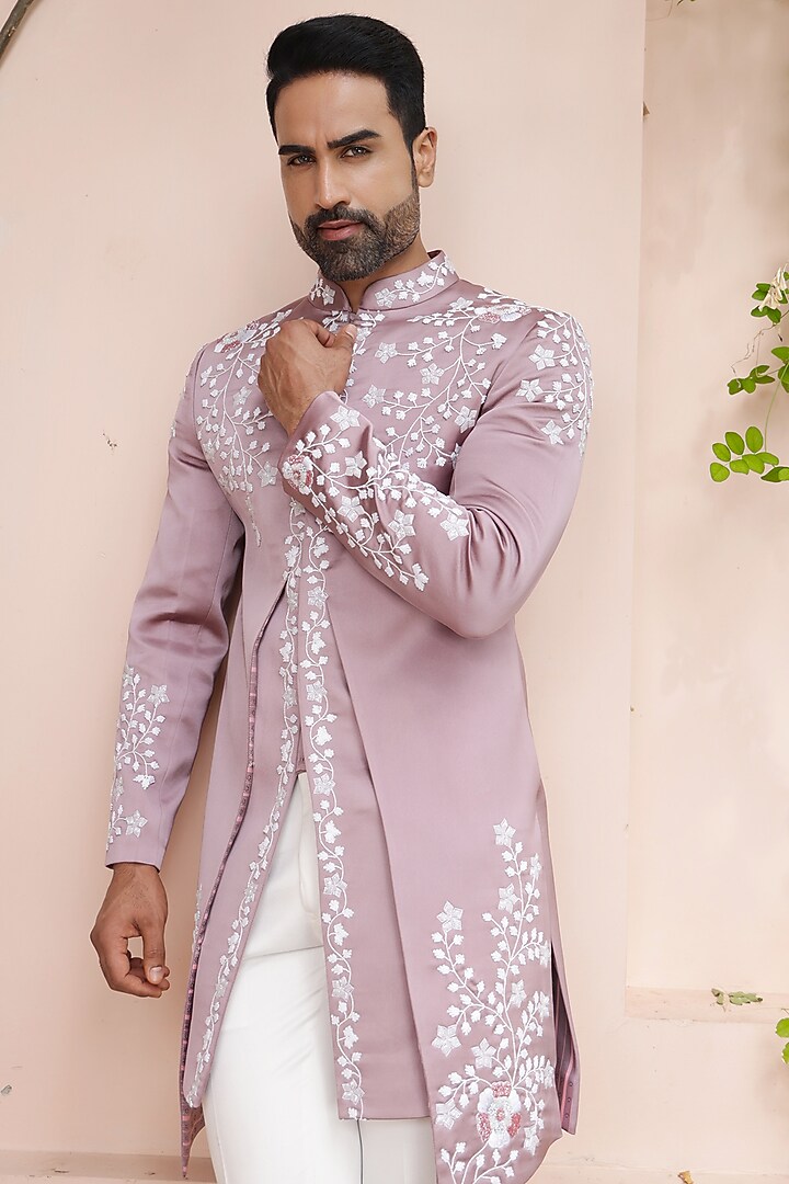 Rose Gold Satin Hand Embroidered Indowestern Set by ZENITH COUTURE at Pernia's Pop Up Shop