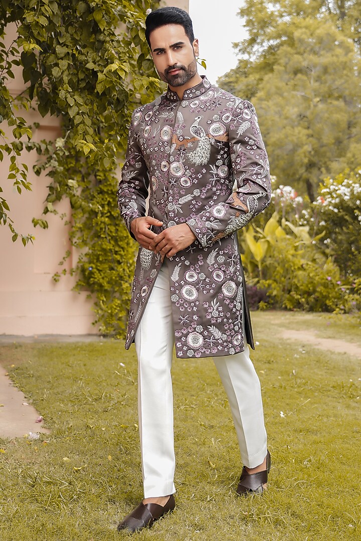 Dark Grey Satin Machine & Hand Embroidered Groom Indowestern Set by ZENITH COUTURE at Pernia's Pop Up Shop