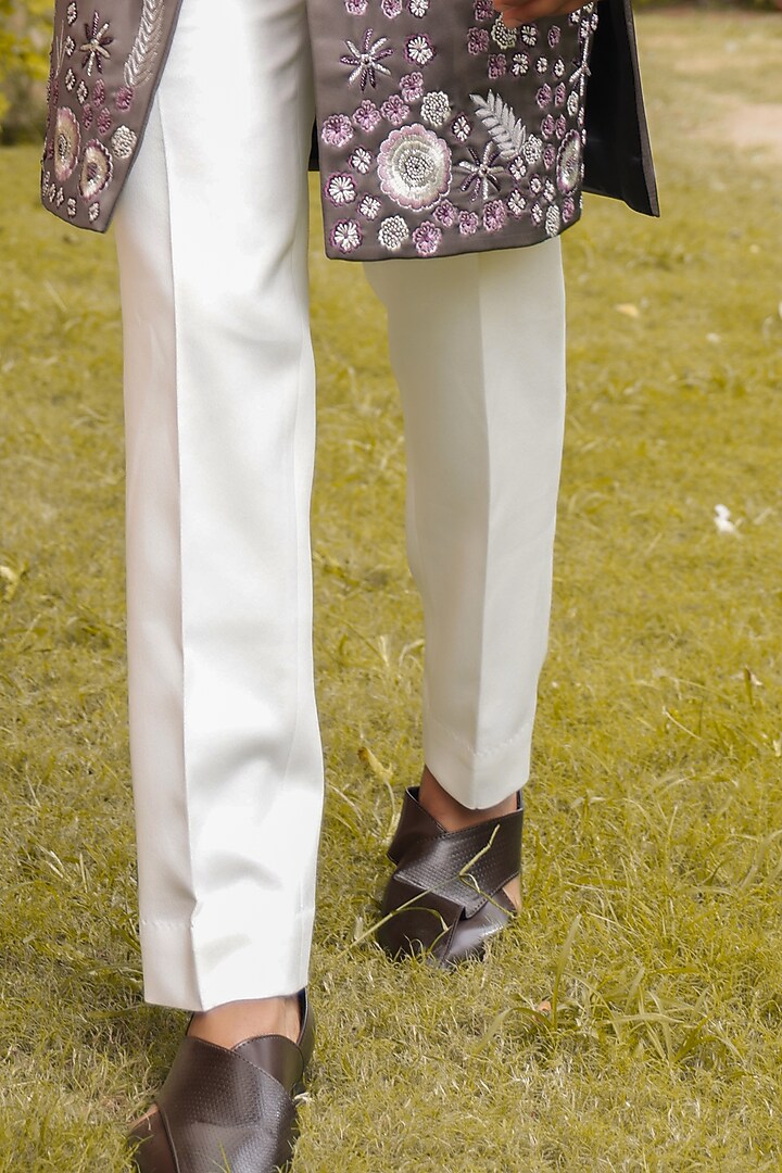Dark Grey Satin Machine & Hand Embroidered Groom Indowestern Set by ZENITH COUTURE at Pernia's Pop Up Shop