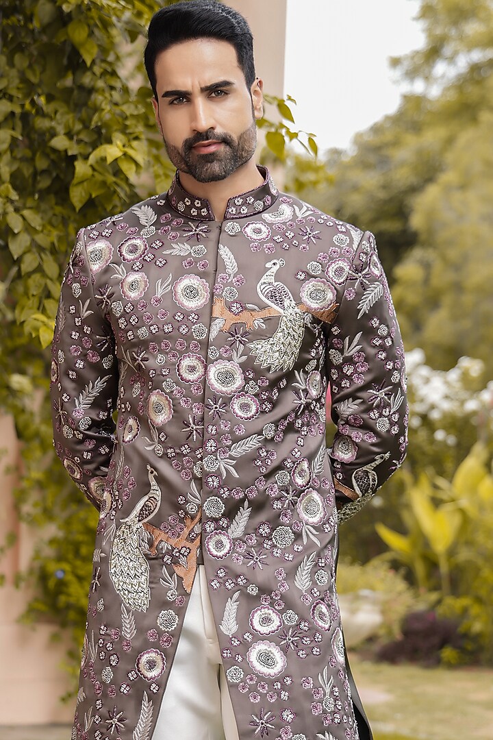 Dark Grey Satin Machine & Hand Embroidered Groom Indowestern Set by ZENITH COUTURE at Pernia's Pop Up Shop