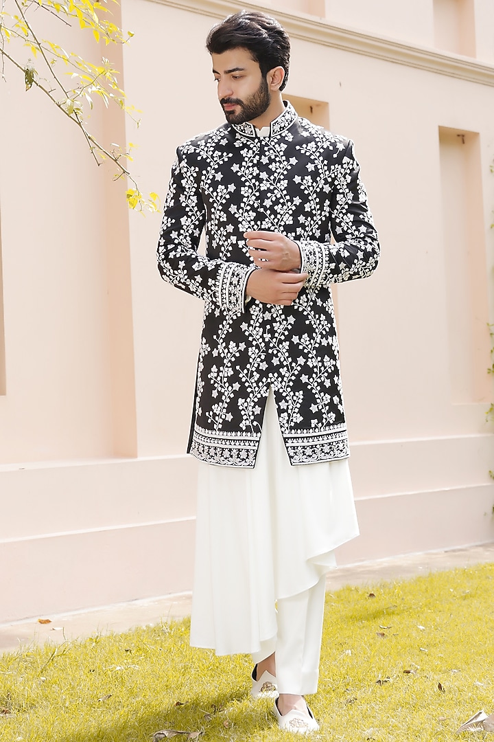Black Satin Hand Embroidered Groom Indowestern Set by ZENITH COUTURE at Pernia's Pop Up Shop
