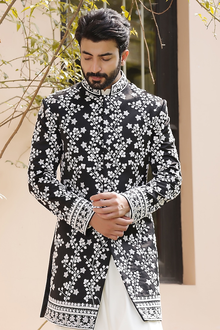 Black Satin Hand Embroidered Groom Indowestern Set by ZENITH COUTURE at Pernia's Pop Up Shop