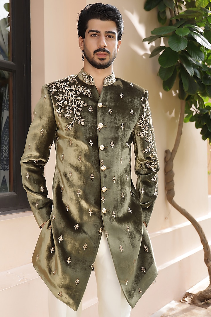 Green Silk Velvet Hand Embroidered Groom Indowestern Set by ZENITH COUTURE at Pernia's Pop Up Shop