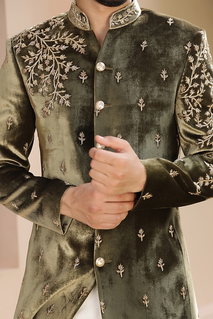 Green Silk Velvet Hand Embroidered Groom Indowestern Set by ZENITH COUTURE at Pernia's Pop Up Shop