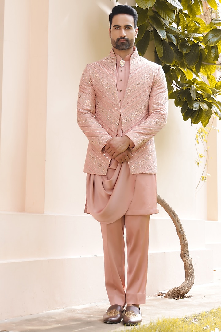Peach Lucknowi Hand Embroidered Indowestern Set by ZENITH COUTURE