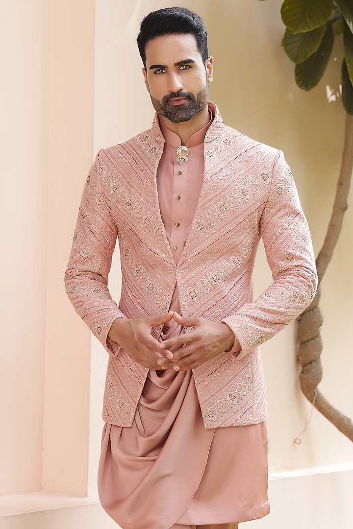 Peach Lucknowi Hand Embroidered Groom Indowestern Set by ZENITH COUTURE at Pernia's Pop Up Shop