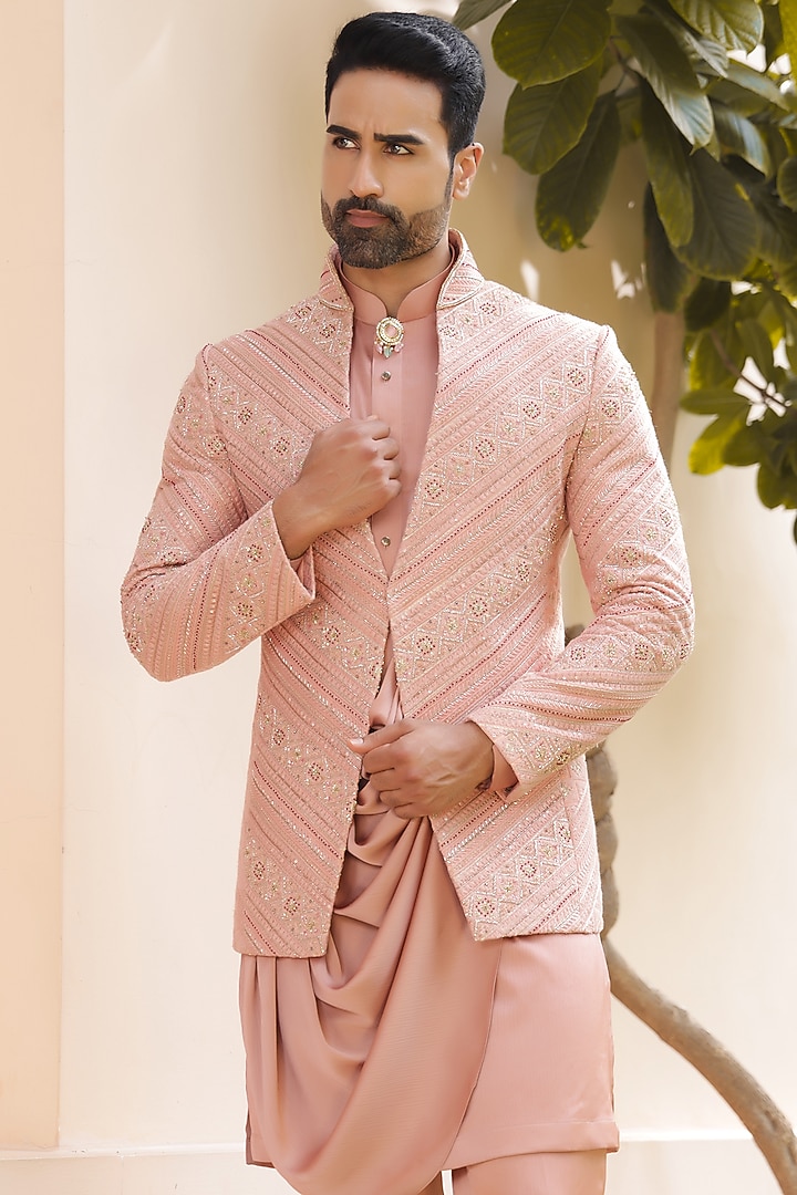 Peach Lucknowi Hand Embroidered Groom Indowestern Set by ZENITH COUTURE at Pernia's Pop Up Shop