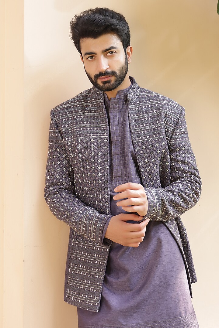 Purple Mauve Lucknowi Hand Embroidered Groom Indowestern Set by ZENITH COUTURE at Pernia's Pop Up Shop