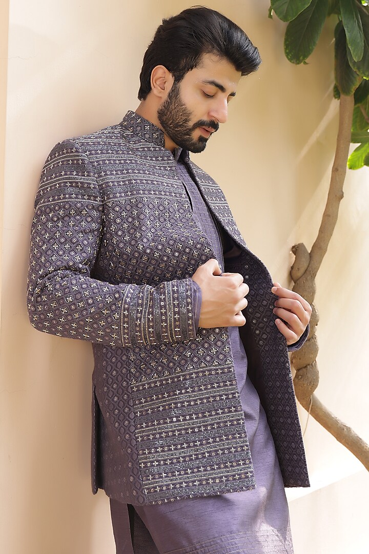 Purple Mauve Lucknowi Hand Embroidered Groom Indowestern Set by ZENITH COUTURE at Pernia's Pop Up Shop
