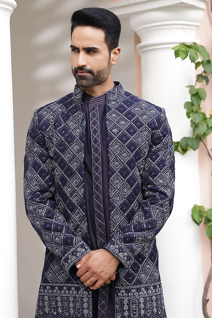 Navy Blue Lucknowi Hand Embroidered Groom Indowestern Set by ZENITH COUTURE at Pernia's Pop Up Shop