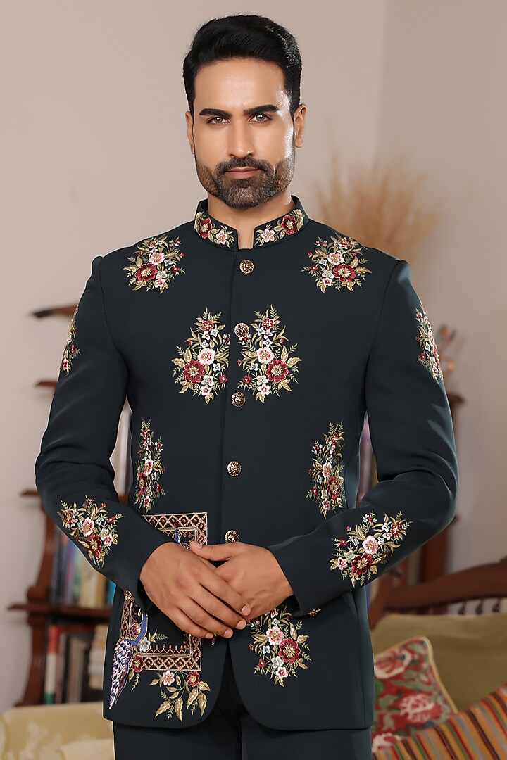 Dark Green Japanese Lycra Machine & Hand Embroidered Wedding Bandhgala Set by ZENITH COUTURE at Pernia's Pop Up Shop