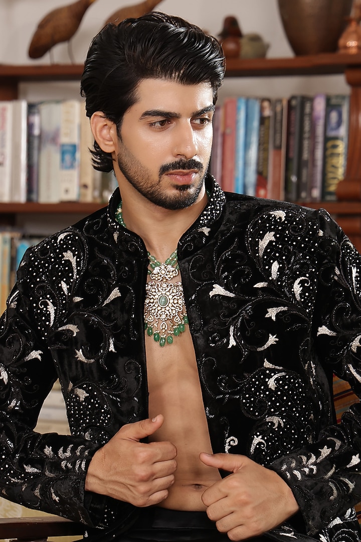 Black Silk Velvet Machine & Hand Embroidered Groom Indowestern Set by ZENITH COUTURE at Pernia's Pop Up Shop