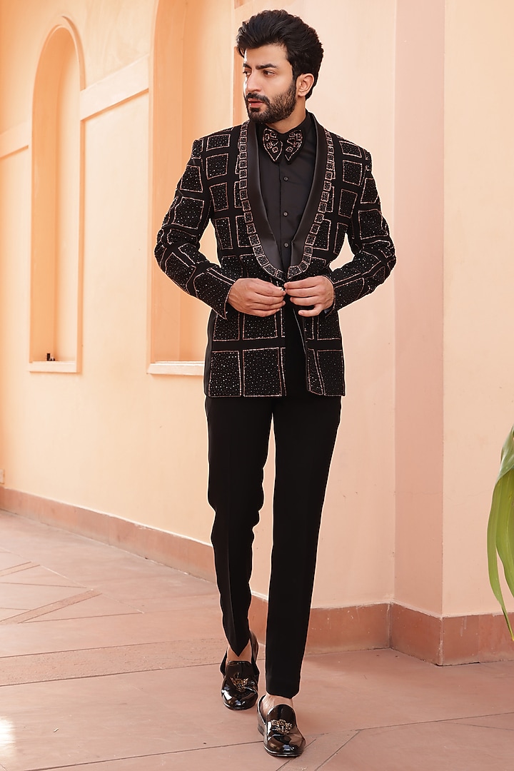 Black Lucknowi Hand Embroidered Tuxedo Set by ZENITH COUTURE at Pernia's Pop Up Shop