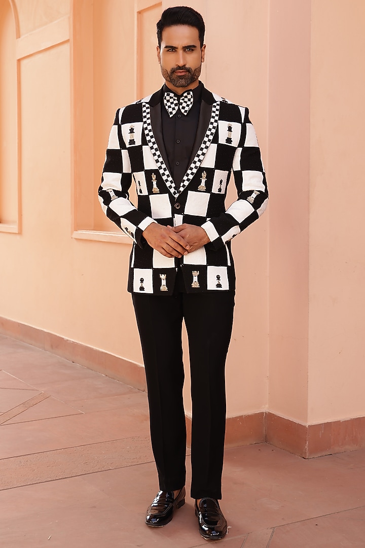 Black Japanese Lycra Hand Embroidered Tuxedo Set by ZENITH COUTURE at Pernia's Pop Up Shop