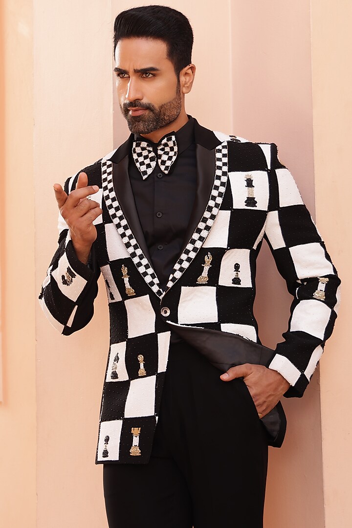 Black Japanese Lycra Hand Embroidered Tuxedo Set by ZENITH COUTURE at Pernia's Pop Up Shop