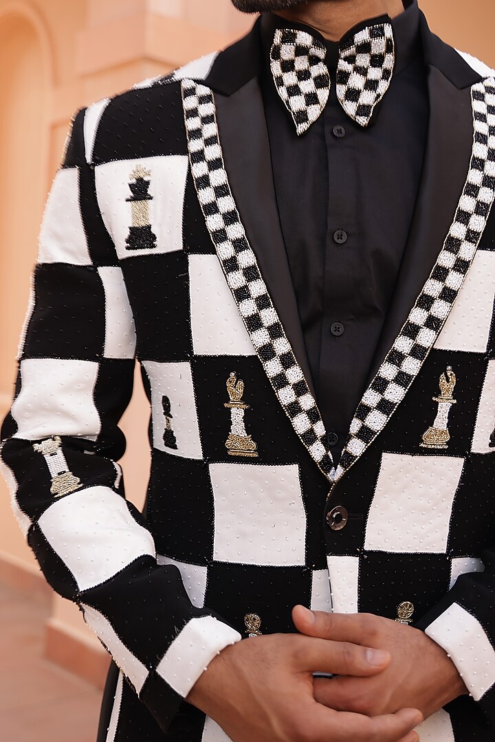 Black Japanese Lycra Hand Embroidered Tuxedo Set by ZENITH COUTURE at Pernia's Pop Up Shop