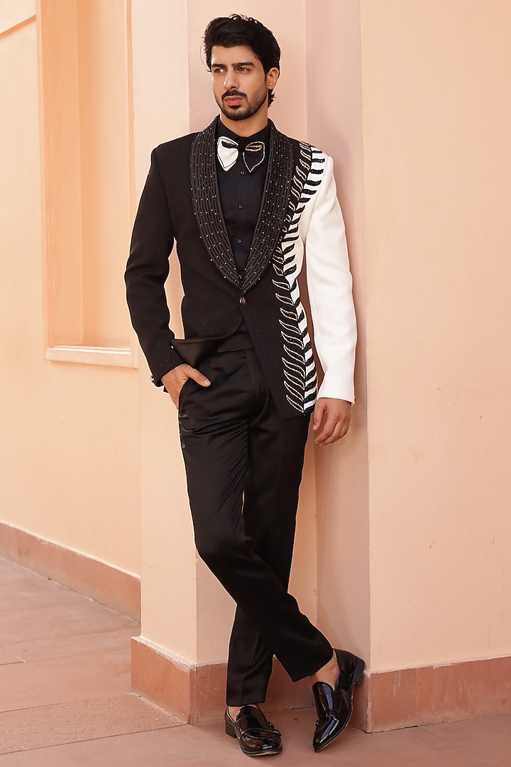 Black Textured Lycra Hand Embroidered Tuxedo Set by ZENITH COUTURE