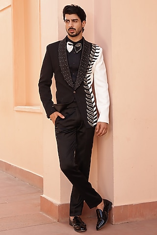 Black Textured Lycra Hand Embroidered Tuxedo Set by ZENITH COUTURE