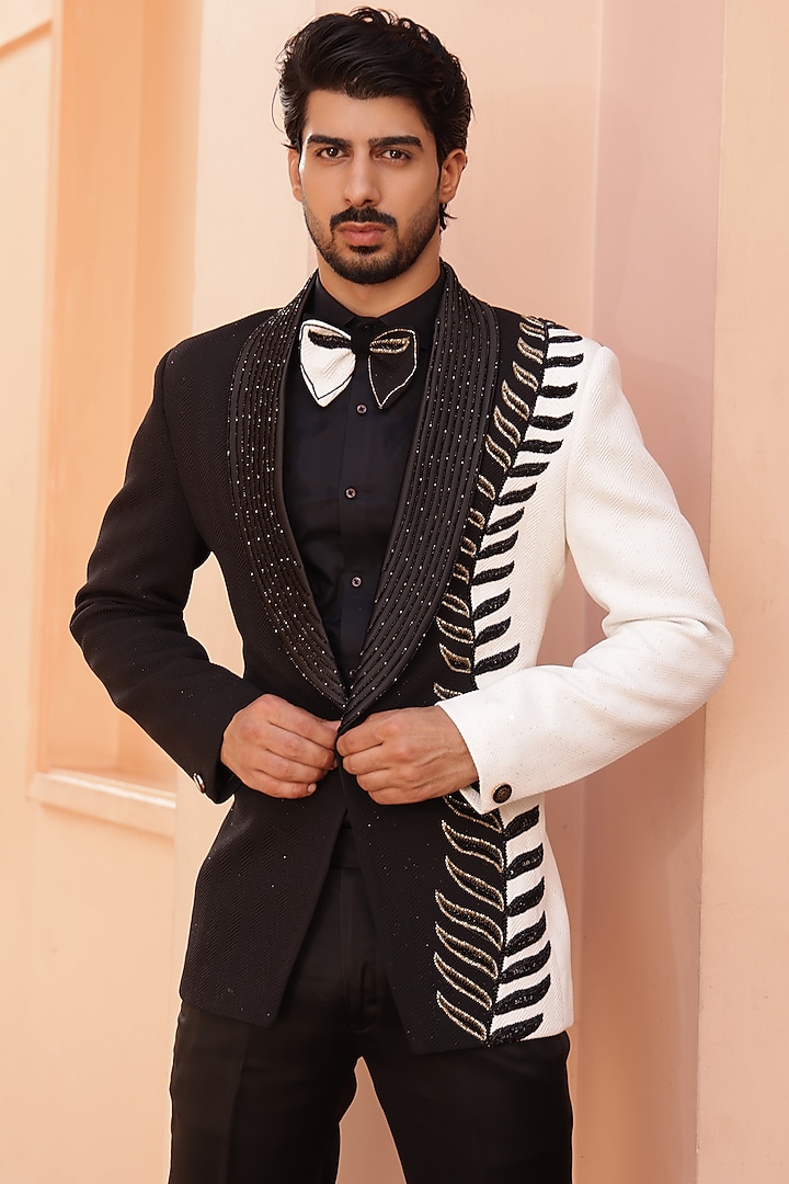 Black Textured Lycra Hand Embroidered Tuxedo Set by ZENITH COUTURE at Pernia's Pop Up Shop