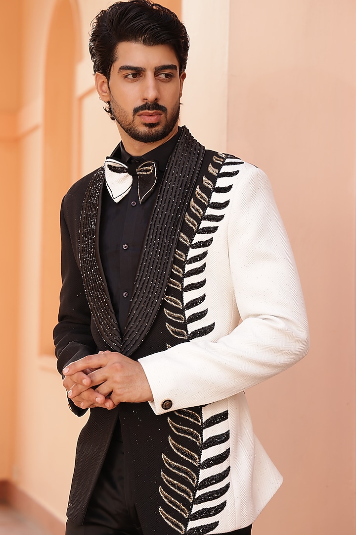 Black Textured Lycra Hand Embroidered Tuxedo Set by ZENITH COUTURE at Pernia's Pop Up Shop