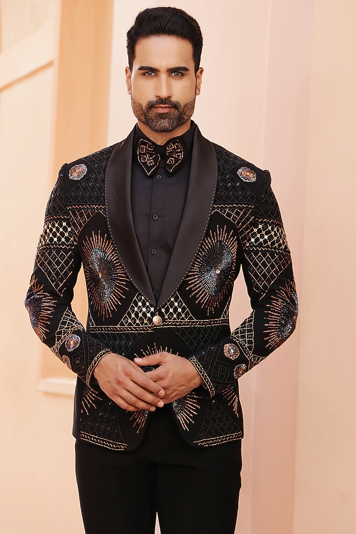 Black Japanese Lycra Hand Embroidered Tuxedo Set by ZENITH COUTURE at Pernia's Pop Up Shop