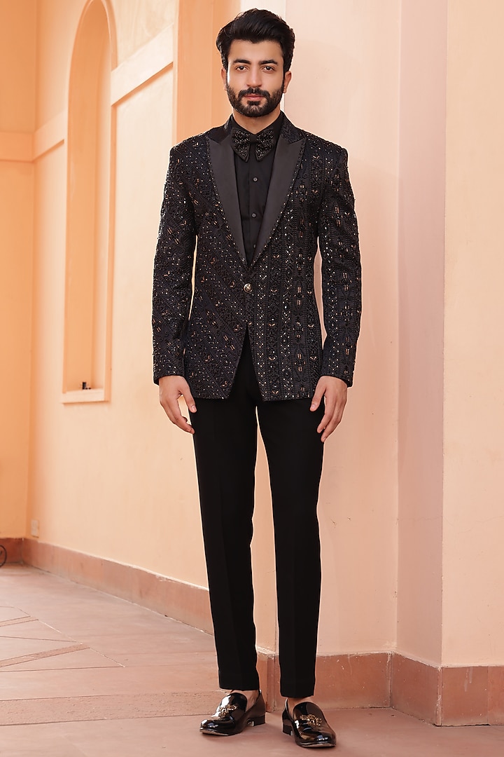 Black Jacquard Cutdana Work Tuxedo Set by ZENITH COUTURE