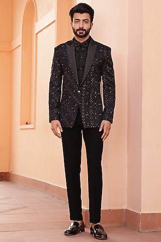 Black Jacquard Cutdana Work Tuxedo Set by ZENITH COUTURE