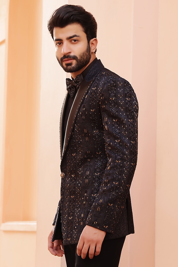 Black Jacquard Cutdana Work Tuxedo Set by ZENITH COUTURE at Pernia's Pop Up Shop