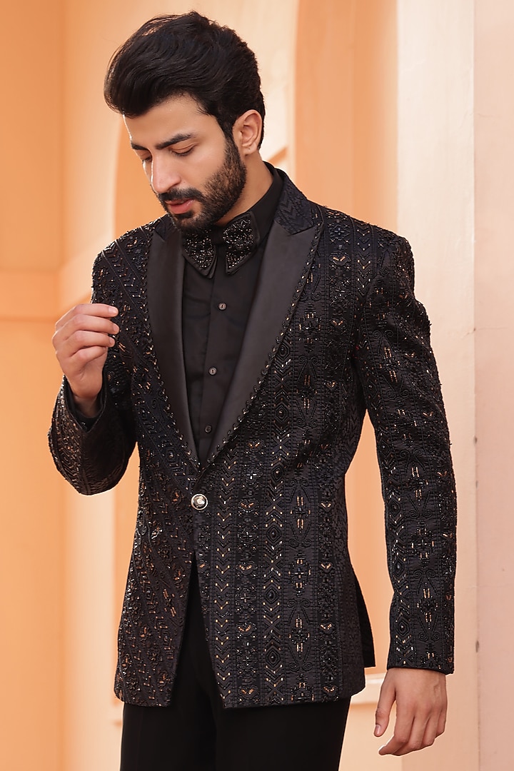 Black Jacquard Cutdana Work Tuxedo Set by ZENITH COUTURE at Pernia's Pop Up Shop