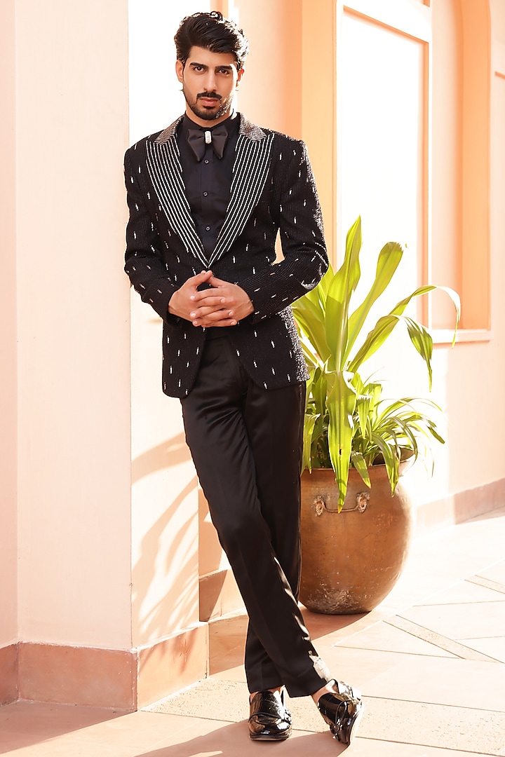 Black Textured Lycra Hand Embroidered Tuxedo Set by ZENITH COUTURE