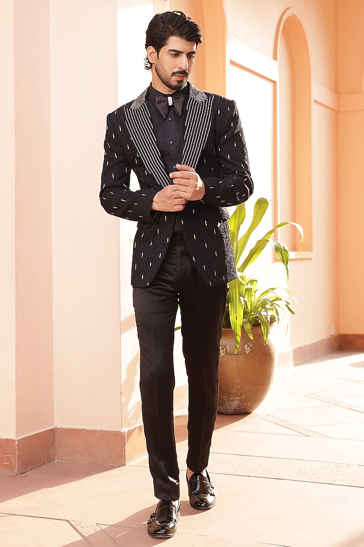 Black Textured Lycra Hand Embroidered Tuxedo Set by ZENITH COUTURE at Pernia's Pop Up Shop