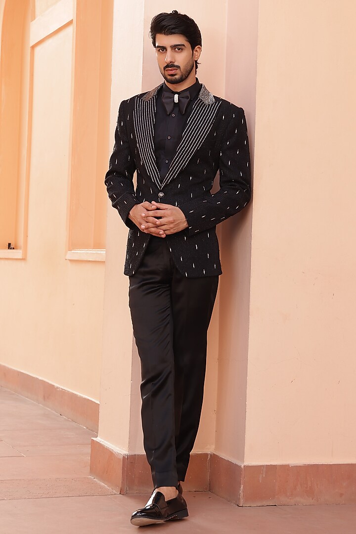 Black Textured Lycra Hand Embroidered Tuxedo Set by ZENITH COUTURE at Pernia's Pop Up Shop