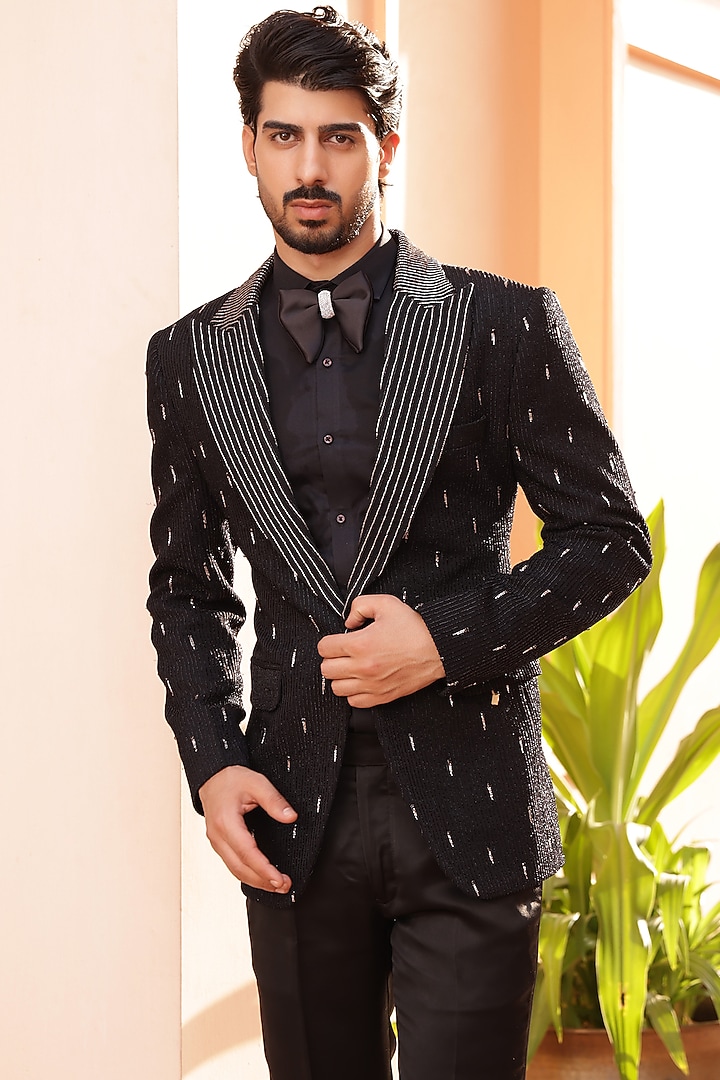 Black Textured Lycra Hand Embroidered Tuxedo Set by ZENITH COUTURE at Pernia's Pop Up Shop