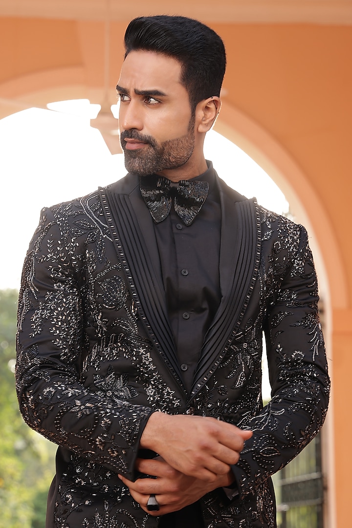Black Satin Crepe Hand Embroidered Tuxedo Set by ZENITH COUTURE at Pernia's Pop Up Shop
