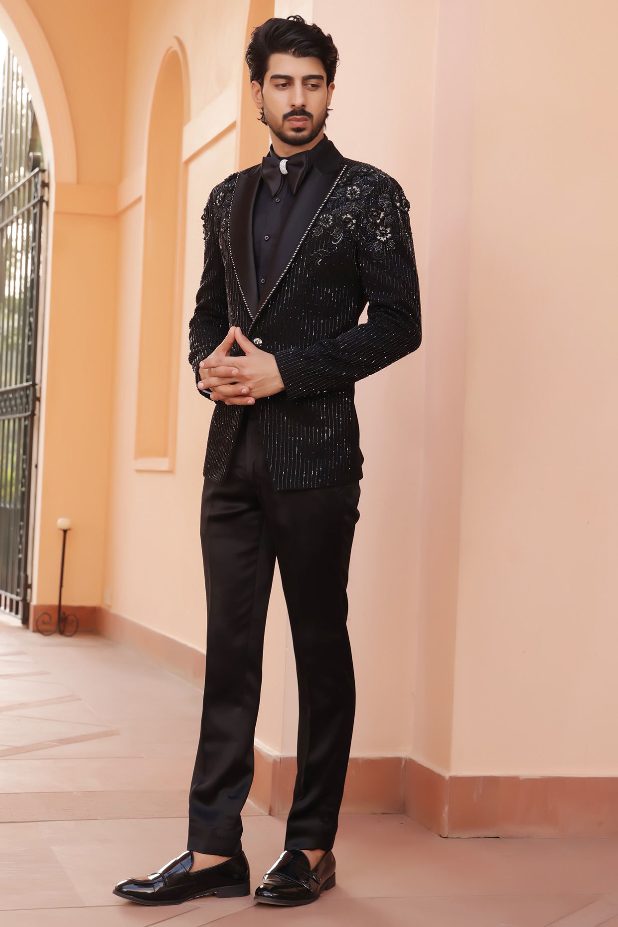 Black Japanese Lycra Hand Embroidered Tuxedo Set by ZENITH COUTURE