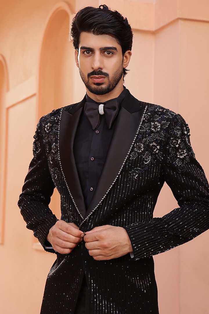 Black Japanese Lycra Hand Embroidered Tuxedo Set by ZENITH COUTURE at Pernia's Pop Up Shop
