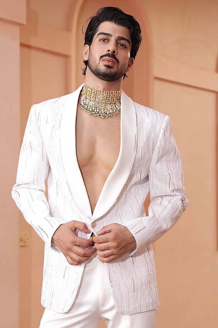 White Crinkle Satin Hand Embroidered Tuxedo Set by ZENITH COUTURE at Pernia's Pop Up Shop