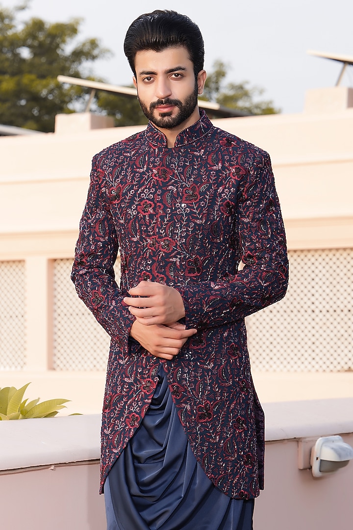 Wine Georgette Hand Embroidered Groom Indowestern Set by ZENITH COUTURE at Pernia's Pop Up Shop