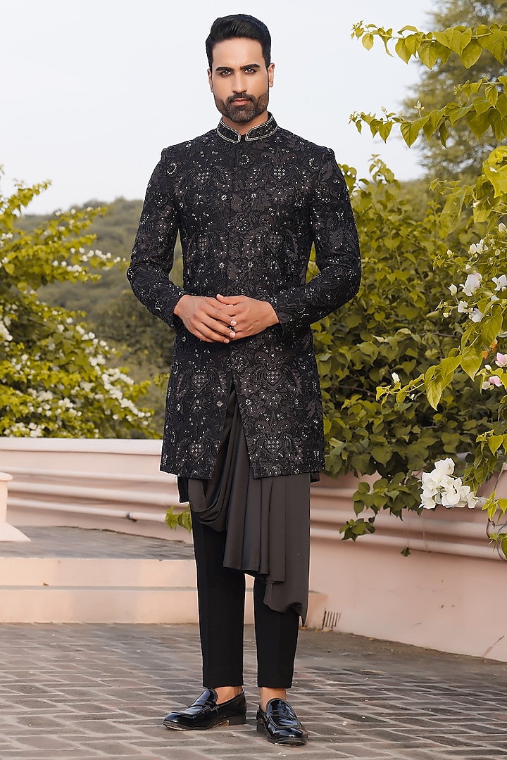 Black Jacquard Hand & Machine Embroidered Indowestern Set by ZENITH COUTURE